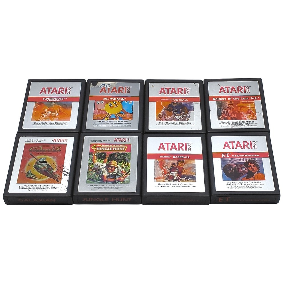 Atari 2600 Video Game Cartridge Lot 8 Games Black E.T. Ms Pac-Man Jungle Hunt